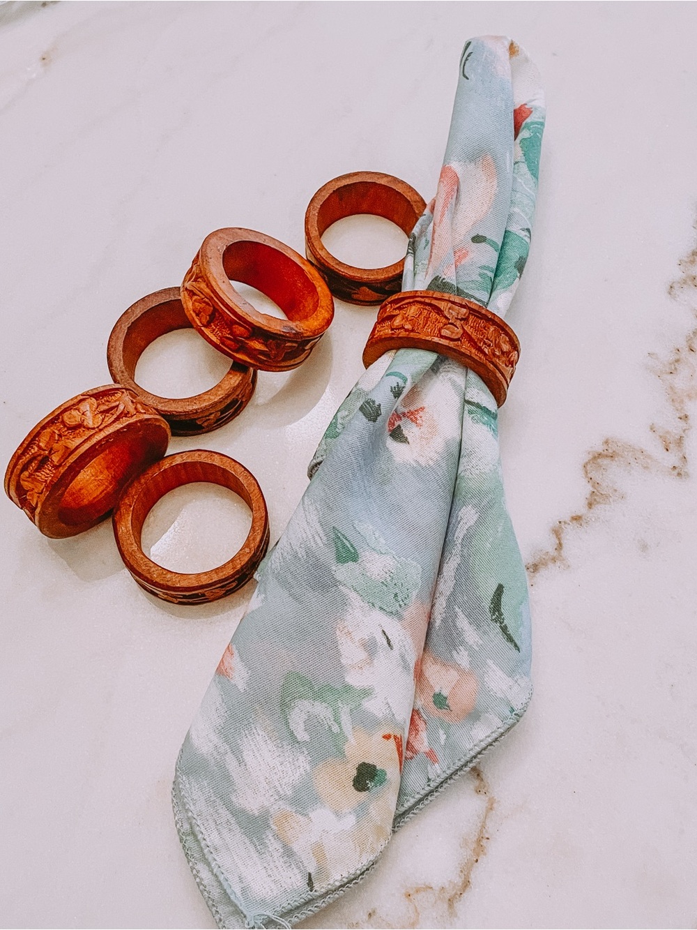 Vintage wood carved napkin rings set of 6